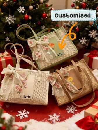 1 pieza Bolso de paja personalizable de moda, ligero y casual con decoración de lazo, bolso de tote con flor de punto hueco, de gran capacidad y para el hombro, adecuado para ocio, compras, regalos para niñas, mujeres, regalo único para vacaciones, graduación, Día de la Madre