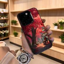 Cubierta de teléfono con diseño de árbol de otoño rojo y banco en bosque para iPhone 14 Pro Max funda negra con estampado de naturaleza escena de parque ideal para amantes de la estética natural y temporada de otoño Aplicable a los teléfonos de la serie Apple y Galaxy - Negro - Ver 4