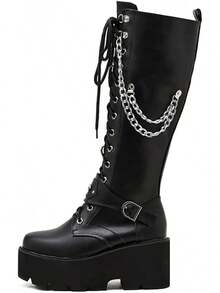 Parisuit Women's Knee High Goth Platform Buckle Boots Chunky High Heel Lace Up Punk Combat Boots With ChainChristmas - màu xanh lá - Xem 8