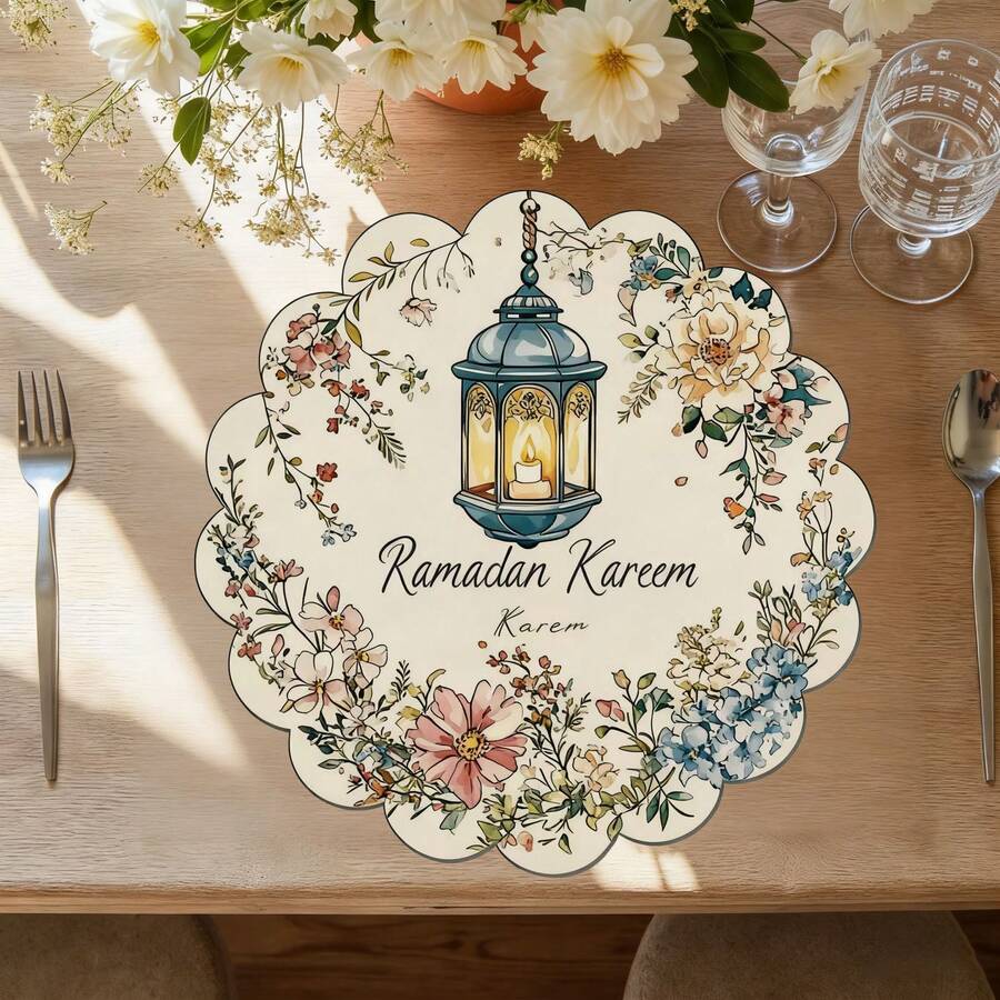 1 pieza/Set Manteles individuales florales de lino con linterna y flor para Ramadán, decoración de mesa de cocina y comedor redonda de 38cm para temporada, decoración del hogar, para fiestas, reuniones y comidas familiares - Multicolor - Ver 1