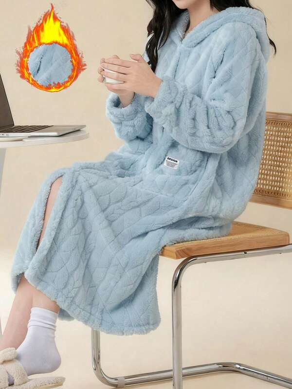 Casual Solid Color Wool Jacquard Robe, Autumn/Winter Warm Thermal Lined Long Sleeve Flannel Plush Button Up Hooded Loose Robe/Bathrobe With Pockets, Women Sleepwear, Fluffy