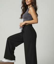 Wide Leg Pants With Flare Leg, Sophisticated Fit, Structured Style, High , Contemporary, Casual, Comfortable, Modern, Chic - 黑色 - 查看 6