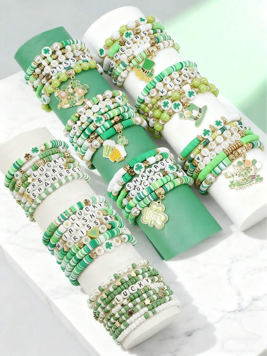 22/23/34Pcs St. Patrick's Day Shamrock Bracelet Set - Stackable Green Lucky Beaded Wristbands With Golden Accents, Festive Irish Festival Jewelry, Ideal Daily Wear & Gift - Multicolor - View 1