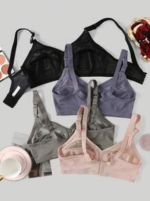 4pcs/Set Women's Full Coverage Lace Wireless Bras, Sexy Breathable Thin Padded Bras For Large Bust