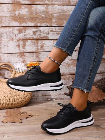1 Pair Women's Solid Color Fashion Fabric Lace-Up Platform Wedge Shoes, Suitable For Outdoor Wear All Seasons