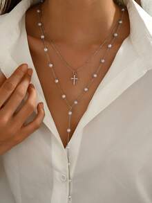1 Set mit 2 Stücke minimalistischer Kreuz-Anhänger Halskette, elegante silberfarbene Kette mit Kunstperlen und langem Quasten-Anhänger, geeignet für den täglichen Gebrauch, Partys und Urlaub (Handgemachte Perlenanzahl zufällig) - Silber - Übersicht 5