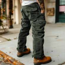 Men's Autumn Winter Casual Vintage Cargo Pants With Multi-Pockets, Loose Fit Tactical Trousers For Streetwear, Daily Wear, And Outdoor Activities - màu xanh lá - Xem 2