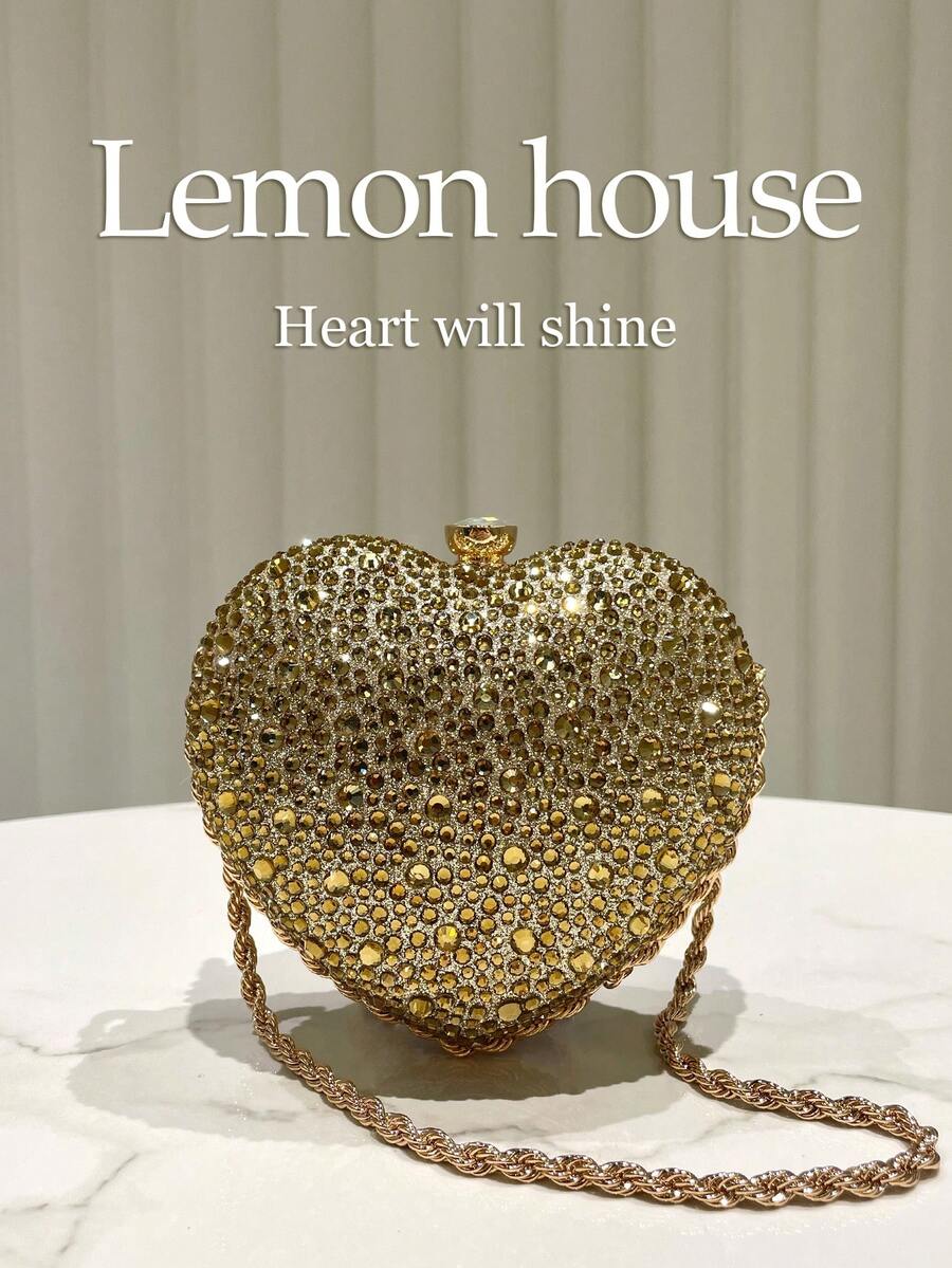 1pc Glamorous Shiny Golden Heart Shaped Rhinestone Embellished Mini Clutch Bag, Cute Glitter Heart Purse, Suitable For Evening Party, Wedding, Celebration, Gift For Women - Gold - View 1