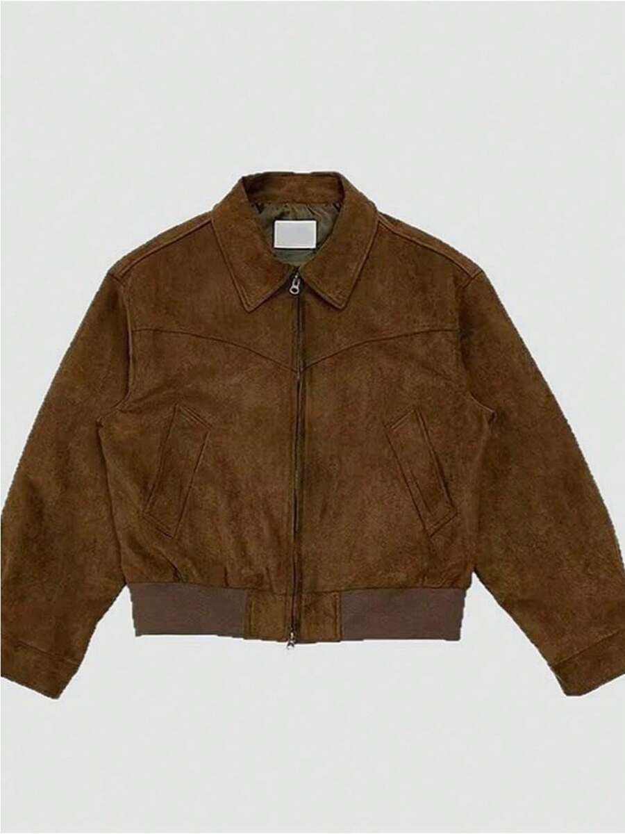 Men's High-Street Suede Short Jacket Spring Autumn Zip-Up Lapel Flight Jacket Korean Style Casual Outerwear For Daily Wear - màu nâu - Xem 1