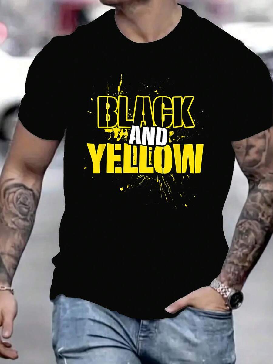 Men's Black Short-Sleeve T-Shirt With Bold "BLACK AND YELLOW" Splatter Graphic Design – Vibrant Yellow Lettering, Round Neck, Cotton Summer Tee For Street Style - 黑色 - 查看 1