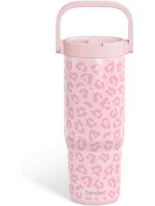 Pink Bow Stainless Steel Straw Lid Tumbler 30oz With Carry Handle For Women Girls, Insulated Travel Coffee Cup, Gift For Sports Outdoor Workout Christmas Birthday - 豹皮2 - 查看 8