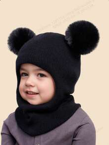 1pc Kids/Toddlers Solid Color Cute Knitted Hat, Suitable For Autumn/Winter, Warm, Casual, Balaclava Style, Suitable For Outdoor Activities And Daily Use - Double-ball Head Hat - View 2