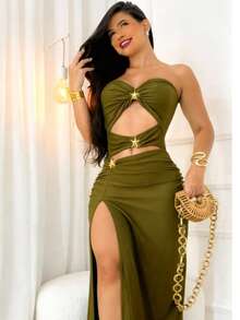 Women's Long Cut-Out Dress With Side Slit And Star Details – Elegant Party Fashion. Backless / Open Back. Cutout / Cut-Out. Side Opening. Evening. - 軍綠色 - 查看 1