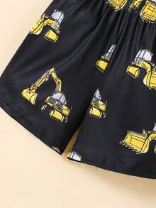 2 件套幼儿男童挖掘机和数字印花短袖 T 恤 + 短裤，舒适休闲装，适合日常和户外穿着，完美选择