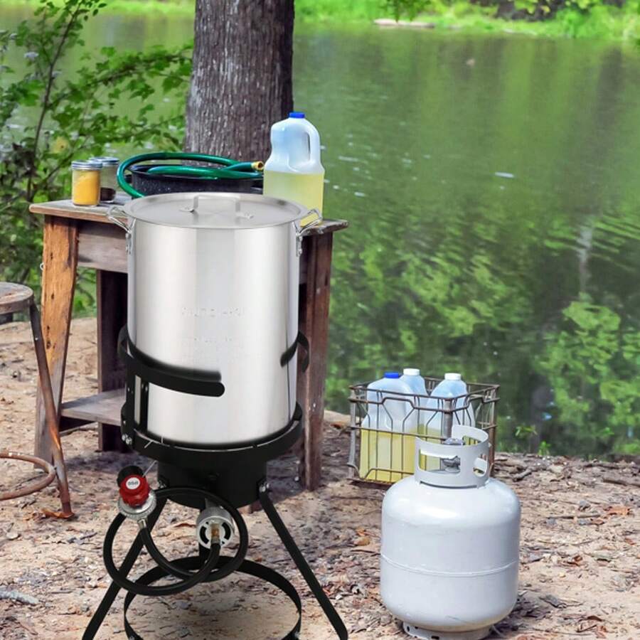 13*32inch Four-Piece Set, Black Round Iron Stove Frame, Silver Aluminum 30qt Turkey Pot 10qt Fish Pot, Gas Fryer - Silver - View 1