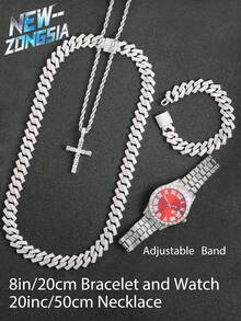 5 Pcs Hip Hop Gift Watch+Cross Pendant Necklace+Bracelet Creative Iced Out Miami Link Chain Jewelry Set For Men And Women