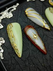 Cute Barquore Nail Art 10pcs Glossy Eye-Catching Luxurious Gold Armor French Middle Eastern And Western Gothic Palace Style Long Square Shaped Press On Nails . Bright Green Nail Face, 3D Hand Drawn Relief Craftsmanship, 3D Small Gold Beads Decoration, Unique Style, Eye-Catching Colors Suitable For Parties Women And Girls Wear With Free Gel Nail Kit. - Multicolor - View 3