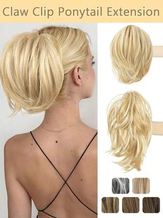 Extensiones de moño de cabello liso - Extensiones de moño de cola de caballo liso corto de color gris para mujeres, moños desordenados de cabello sintético elástico con piezas de cabello diarias - Gris oscuro con puntas blancas