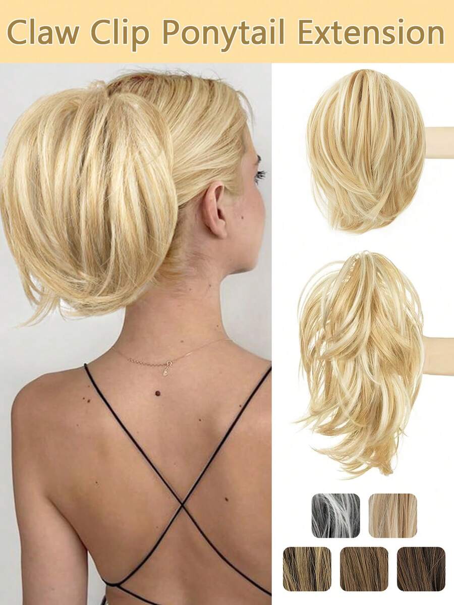 直发发髻接发 - 女士短直马尾灰色发髻接发，弹性合成凌乱发髻发圈日常发片 - 深灰色，带白色发梢 - 彩色 - 查看 1