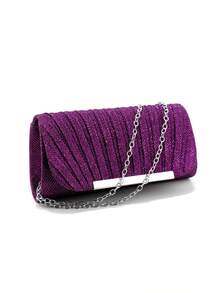 Rhinestone Embellished Women's Evening Bag, Small Envelope Style Handbag, Satin Shoulder Chain Handbag, Shiny Purple Cocktail Bag - Purple - View 8