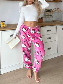 Sanrio [WONDER WORLD]1pc Hello Kitty Plush Elastic Waist Pants For Women, Valentine's Day - Hot Pink - View 7