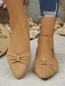 Sapatilhas Tipo Balé de Bico Fino com Laço, Estilo Minimalista de Cor Sólida, Salto Baixo, Plus Size, Fácil de Calçar, Elegantes para Uso Diário na Cor Marrom, Sapatos Femininos Plus Size