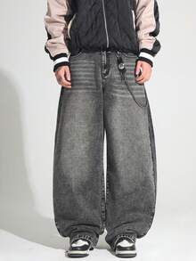 1条 Justice Brother 复古水洗宽松阔腿牛仔裤，美式街头风 - 灰色 - 查看 5