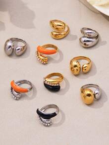 1pc MiDuoDuo Chunky Water Drop Zirconia Geometric Enamel Unisex Open Ring Set, 18K Gold Plated Stainless Steel Fashion Creative Personalized Accessory For Women - A656 Wide Teardrop-shaped Open Ring - View 7