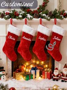 Red Plush Christmas Stockings With Personalized Names, Family Holiday Socks, Festive Gift Decorations, Monogram Stockings, Stockings Small Xmas English Letters Hanging Stockings Socks Double Sided Fireplace Hanging Stockings For Party Decoration New Year Party Gift Favors Supplies,Personalized Initial Stocking, Family Holiday Xmas Party Decor Birthday Home Decor Christmas Decorations Room Decor Christmas - Multicolor - View 3