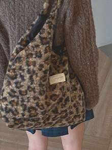 女士豹纹仿毛皮斜挎包，时尚毛绒单肩手提包，多功能大容量手提包，适合通勤，秋冬季 - 棕色 - 查看 4