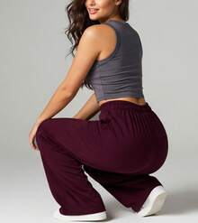 Wide Leg Pants With Flare Leg, Sophisticated Fit, Structured Style, High , Contemporary, Casual, Comfortable, Modern, Chic - Burgundy - View 4