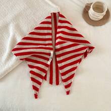 1 Piece High-Quality Striped Blend Shawl For Women, Spring, Autumn, Winter, Korean Style, Versatile, Warm, Triangle Scarf, Neck Warmer, French Retro Striped Knitted Solid Color Triangle Scarf, Multi-Functional, Unique Design, Decorative Neck Warmer Shawl - Gạo vàng sọc - Xem 11