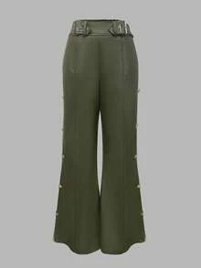 Women's Elegant High-Waisted PU Leather Pants In Olive Green, Suitable For Commuting And Office Wear, Autumn/Winter