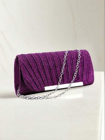 Rhinestone Embellished Women's Evening Bag, Small Envelope Style Handbag, Satin Shoulder Chain Handbag, Shiny Purple Cocktail Bag