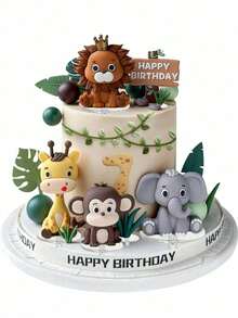 Forest Leaf Cake Topper, Jungle Animal Soft Doll, Lion Giraffe Elephant Monkey Turtle Leaf Grass Cake Decoration, Suitable For Birthday Cake Decoration, Christening Forest Theme Party Cake Decoration Supplies(Please Use With The Tray.)
