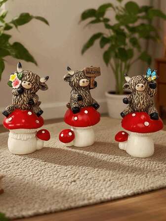 Cute Highland Cow & Mushroom Decor, Nordic Style Home Accents, Resin Crafts For Living Room, Study, Tabletop Decoration, Creative Animal Figurine