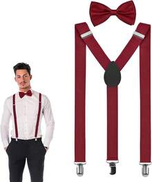 Tirantes de los hombres, Set De Tirantes Sujetadores Y Moño Unisex, Set o Kit de Moño y Tirantes para Hombre, Tirantes de Clip Resistentes en Y Ajustables para Informal y Formal - Rojo vino - Ver 15