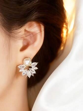 Vintage Crystal Snowflake Pearl Earrings Elegant Silver Pendant Earrings Women's Fashion Jewelry Evening Party Perfect