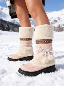 Women's Winter Furry Knee High Snow Boots Fashion Platform Chunky Heels Warm Faux Fur Lining Pull On Casual Comfy Boots Woman - 粉色 - 查看 5