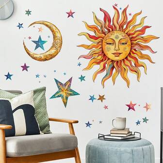 1 件创意太阳、月亮和星星墙贴，卧室/客厅家居装饰，适合情人节、复活节、斋月。