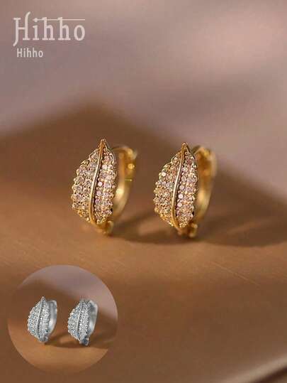 Hihho 1對精美微鑲立體鑽葉形耳環，適用於女性日常裝扮