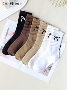 1/3/5/10 Pairs Random Women Crew Socks With Bow Design, Comfortable Casual Moisture-Wicking Thick Socks, Fun, Unique, Personalized Gift Idea For Autumn/Winter - Multicolor - View 5