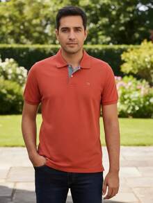Ogochi Men's Basic Plain Polo Shirt With Logo, No Pocket, Original - Hot Sauce - View 9