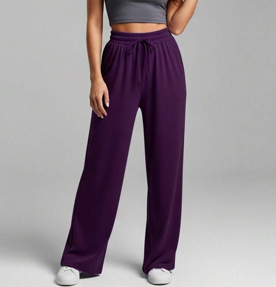 Wide Leg Pants With Flare Leg, Sophisticated Fit, Structured Style, High , Contemporary, Casual, Comfortable, Modern, Chic - Purple - View 1