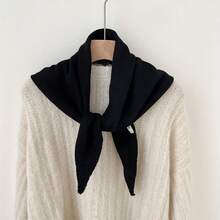 1 Piece High-Quality Striped Blend Shawl For Women, Spring, Autumn, Winter, Korean Style, Versatile, Warm, Triangle Scarf, Neck Warmer, French Retro Striped Knitted Solid Color Triangle Scarf, Multi-Functional, Unique Design, Decorative Neck Warmer Shawl - 純色黑色 - 查看 13