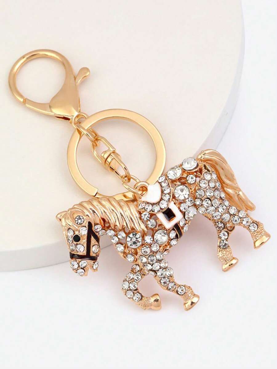 1pc Multi-Color Rhinestone Studded Pony Keychain Zinc Alloy Animal Keyring Graduation Gift Car Key Chain Travel Accessories Keychain Accessories Gold Keychain Bag Charm Purse Charm - Gold - View 1
