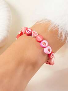 情人节手链，简约百搭粉色心形信封软陶珠情侣手链 - 彩色 - 查看 2