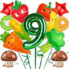 Conjunto de 32" de globos de aluminio con forma de frutas y verduras que incluye diseños de champiñón, zanahoria, brócoli, tomate, fresa, maíz, plátano, con números verdes del 1 al 9, adecuado para decoración de fiesta de cumpleaños, decoración del hogar - Multicolor - Ver 11