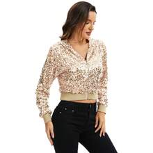 Women's Sequin Zip-Up Hooded Jacket With Ribbed Hem And Long Sleeves For Party Wear - Champagne - View 3