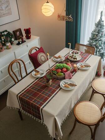 1pc Multi-Color Plaid Rectangular Tablecloth, Bohemian Christmas Style Jacquard Weave With Beige Tassels, Home Decor Tablecloth For Dining Room, Kitchen, Living Room, Outdoor Party, Cafe, Suitable For All Seasons And Holidays
